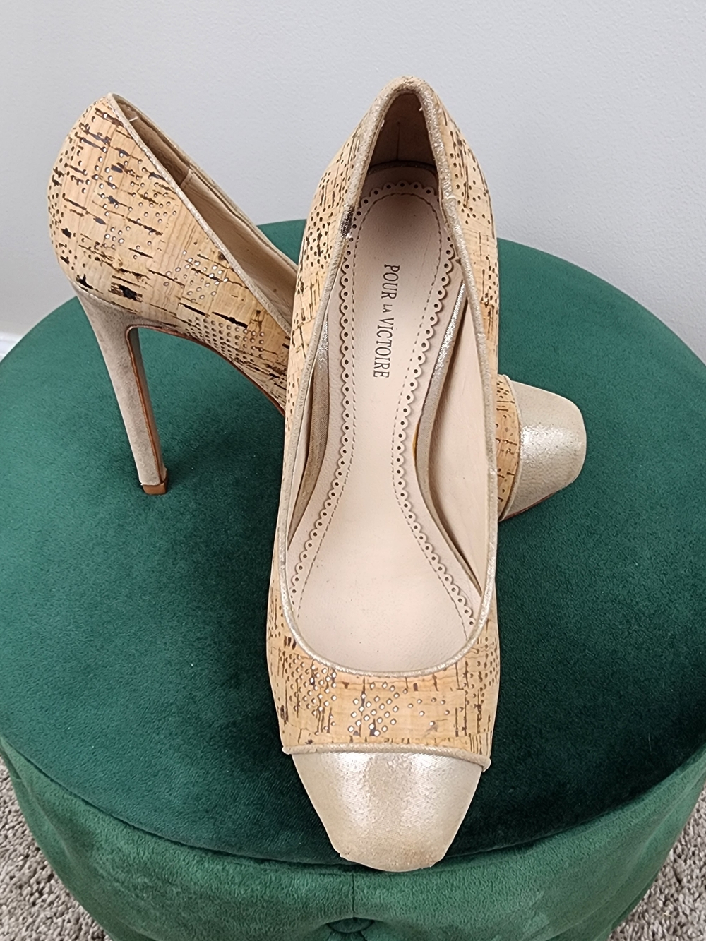 Pour La Victoire Perforated Cork Platform Metallic Pumps
